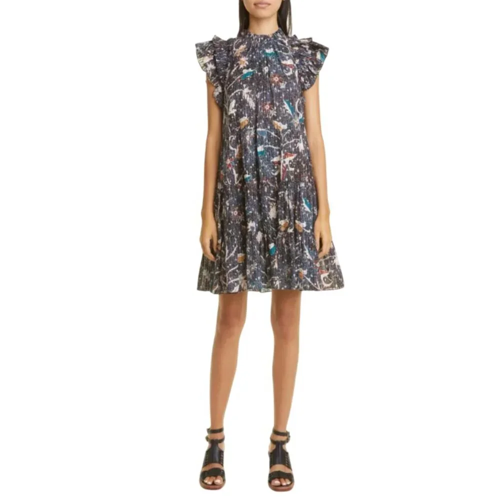 Ulla Johnson Denia Mini Dress Womens 2 Blue Cream Floral Print Flutter Sleeves - Picture 13 of 14